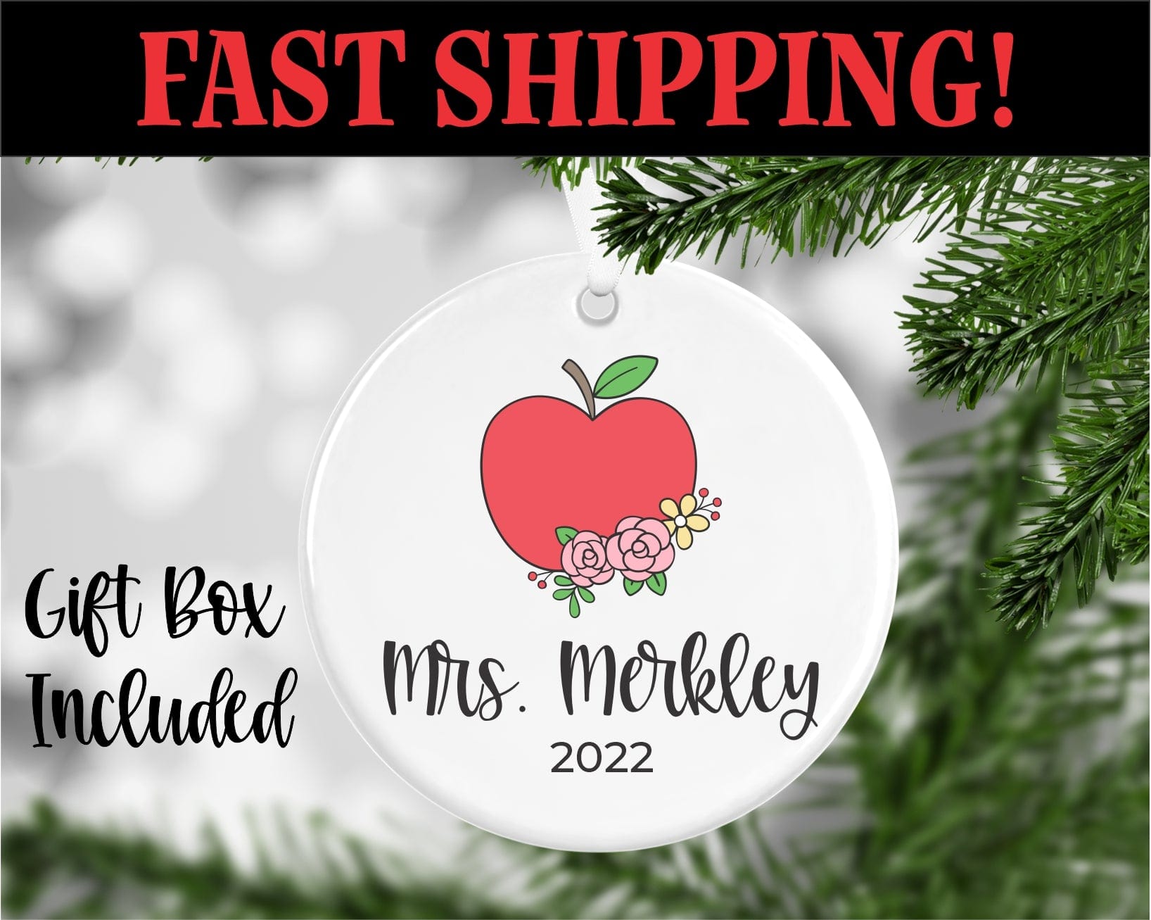 UV printed porcelain ornament with floral apple design personalized with teacher name and year