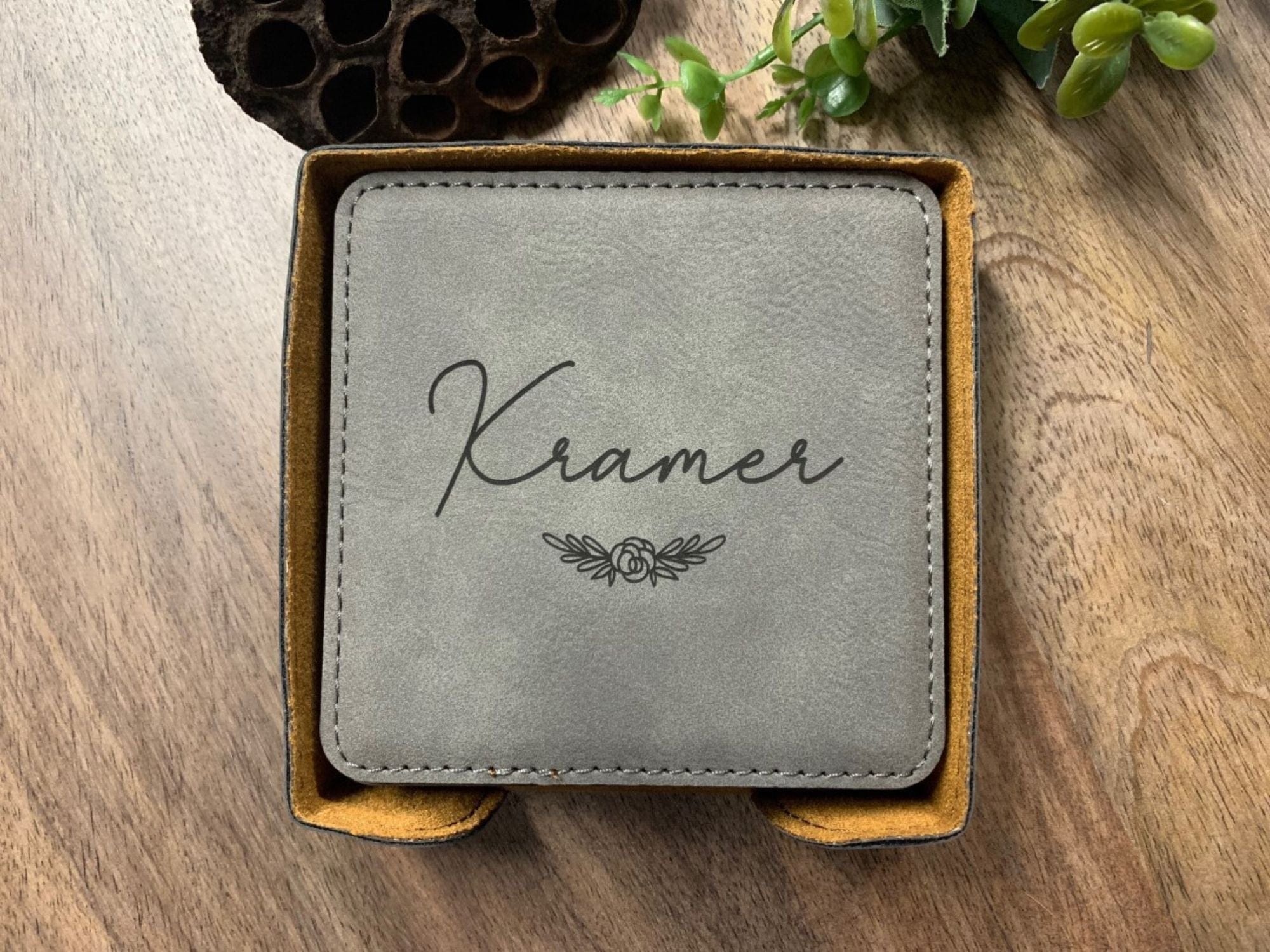 Engraved Floral Coaster Set Personalized With Name