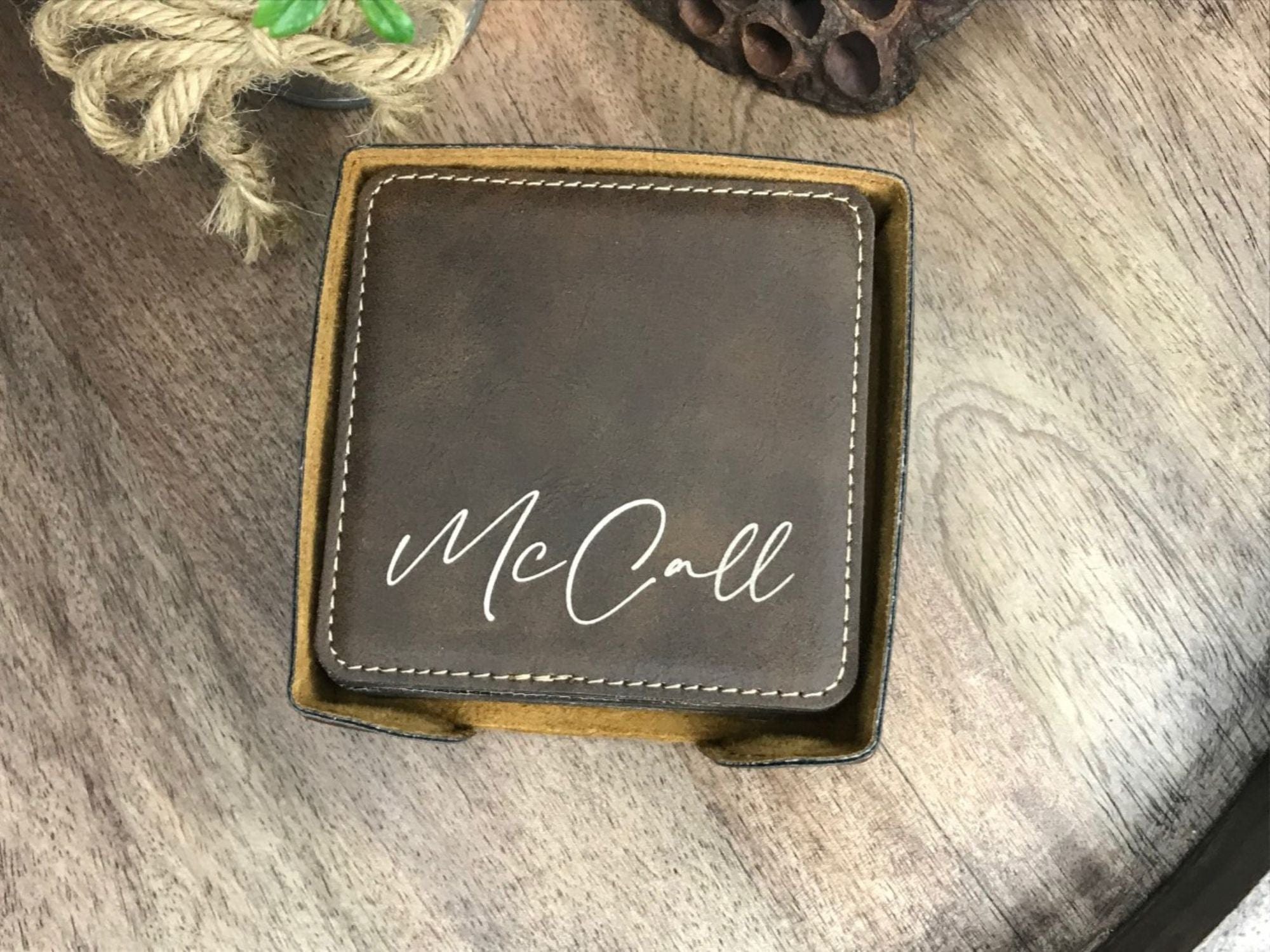 Engraved Last Name Leatherette Coasters