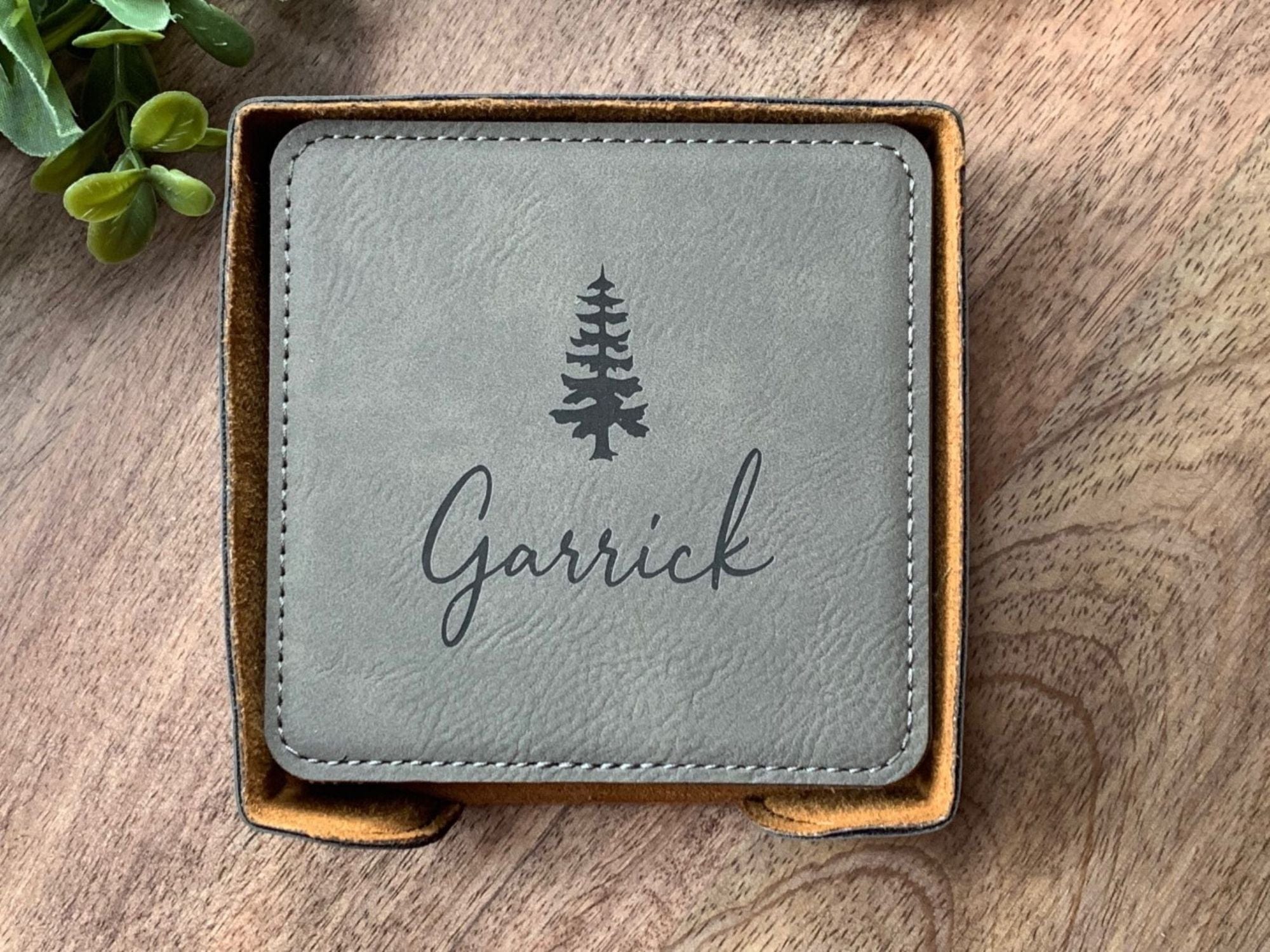 Personalized Coaster Set Engraved With Tree And Name
