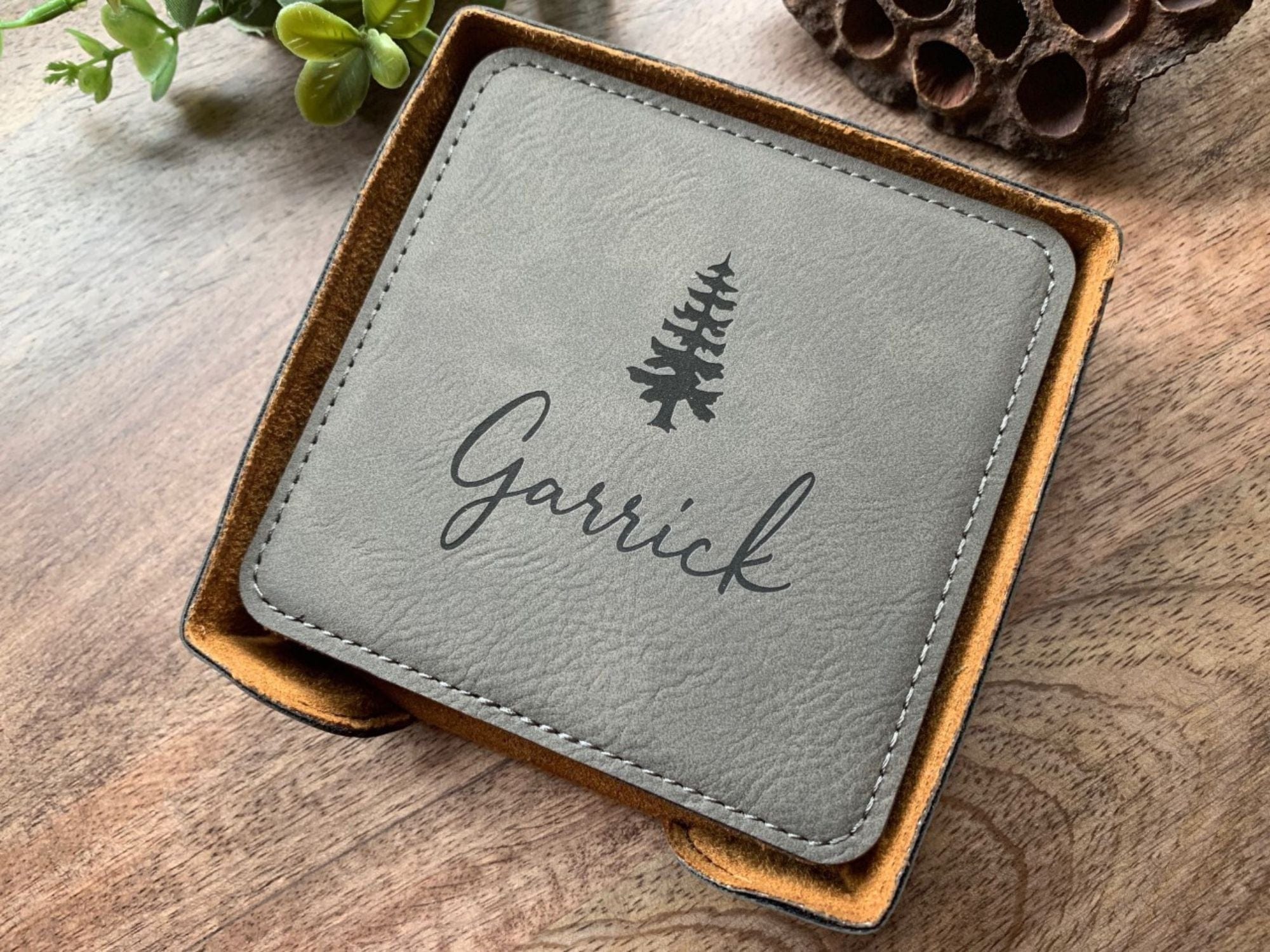 Personalized Coaster Set Engraved With Tree And Name