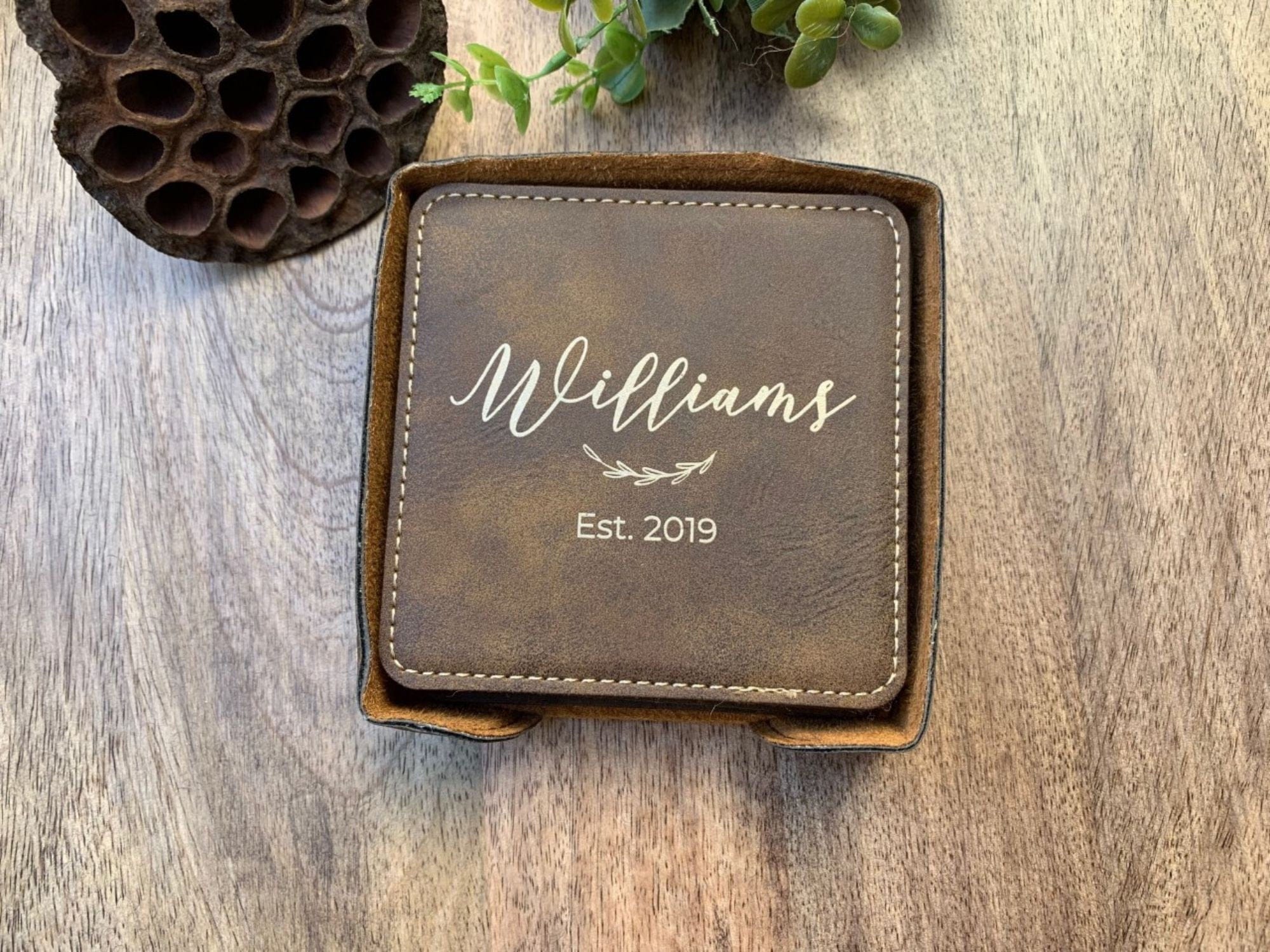 Leatherette Coaster Set Personalized With Name And Year