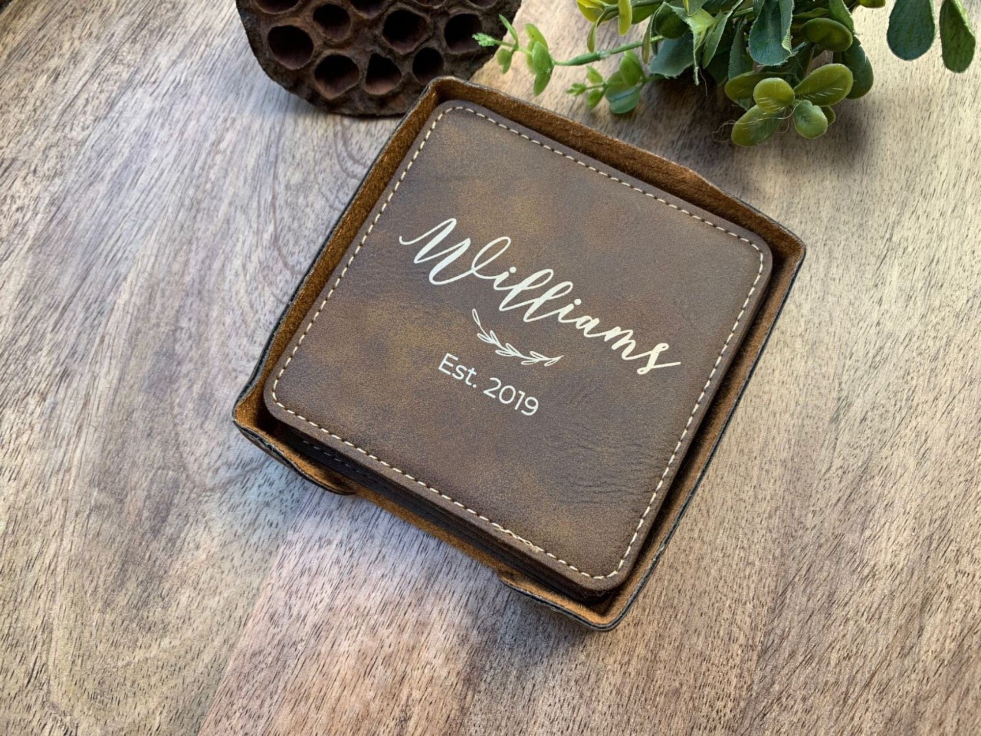 Leatherette Coaster Set Personalized With Name And Year