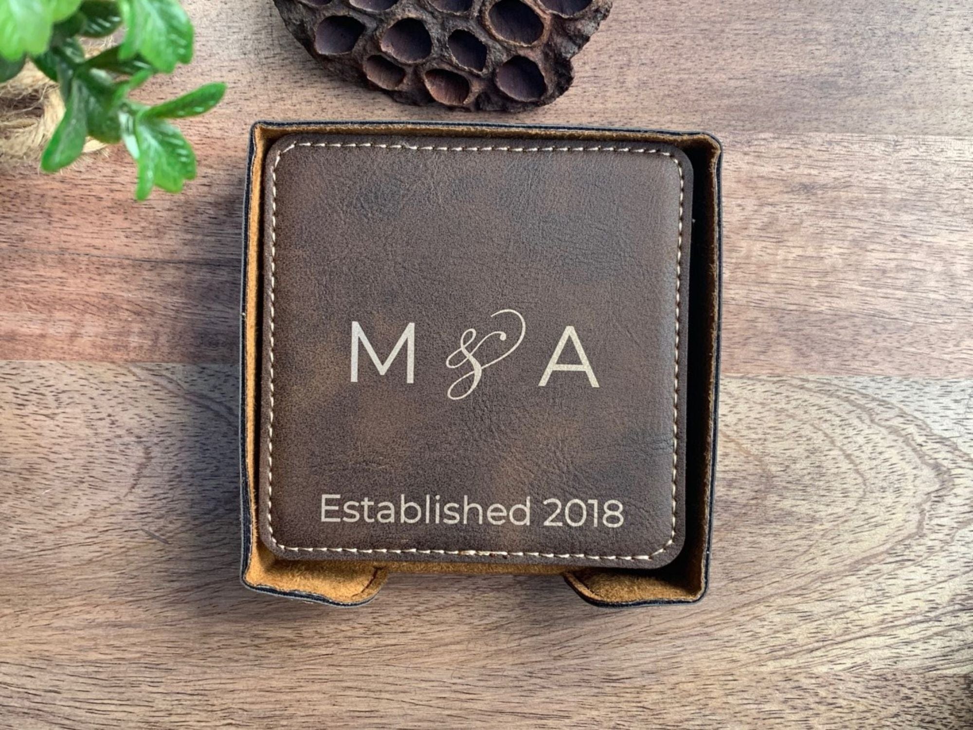 Set Of 6 Personalized Leatherette Coasters With Holder