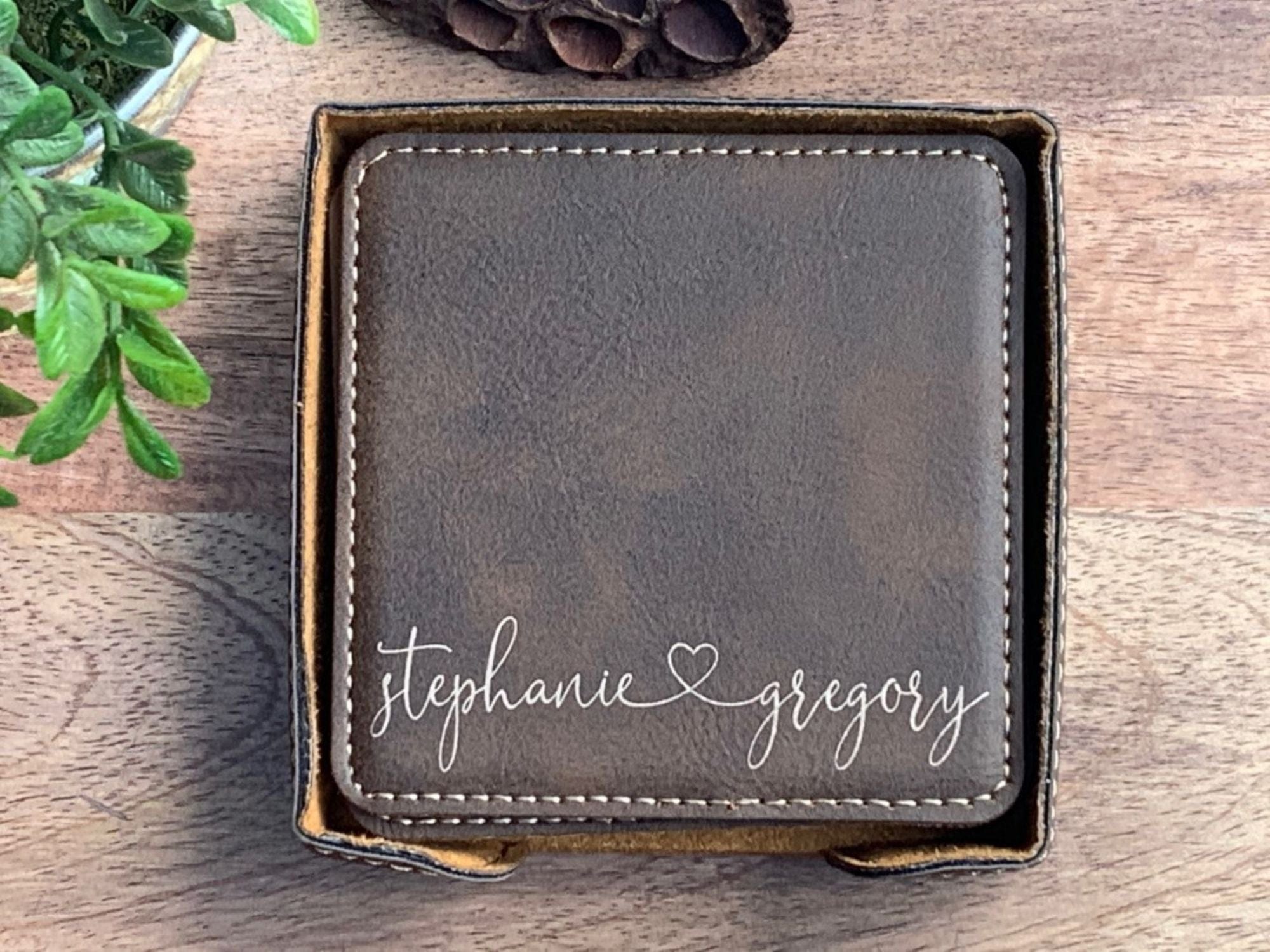 Leatherette Coaster Set With Names And Heart