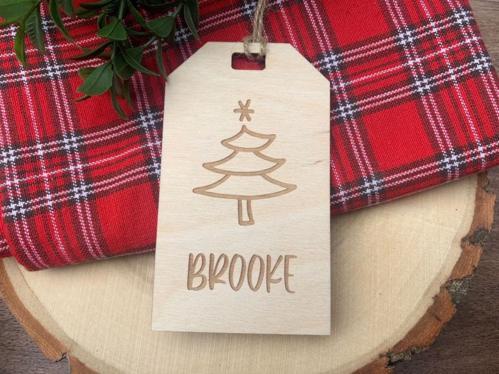 1/8 inch birch plywood gift tag personalized with name and tree design